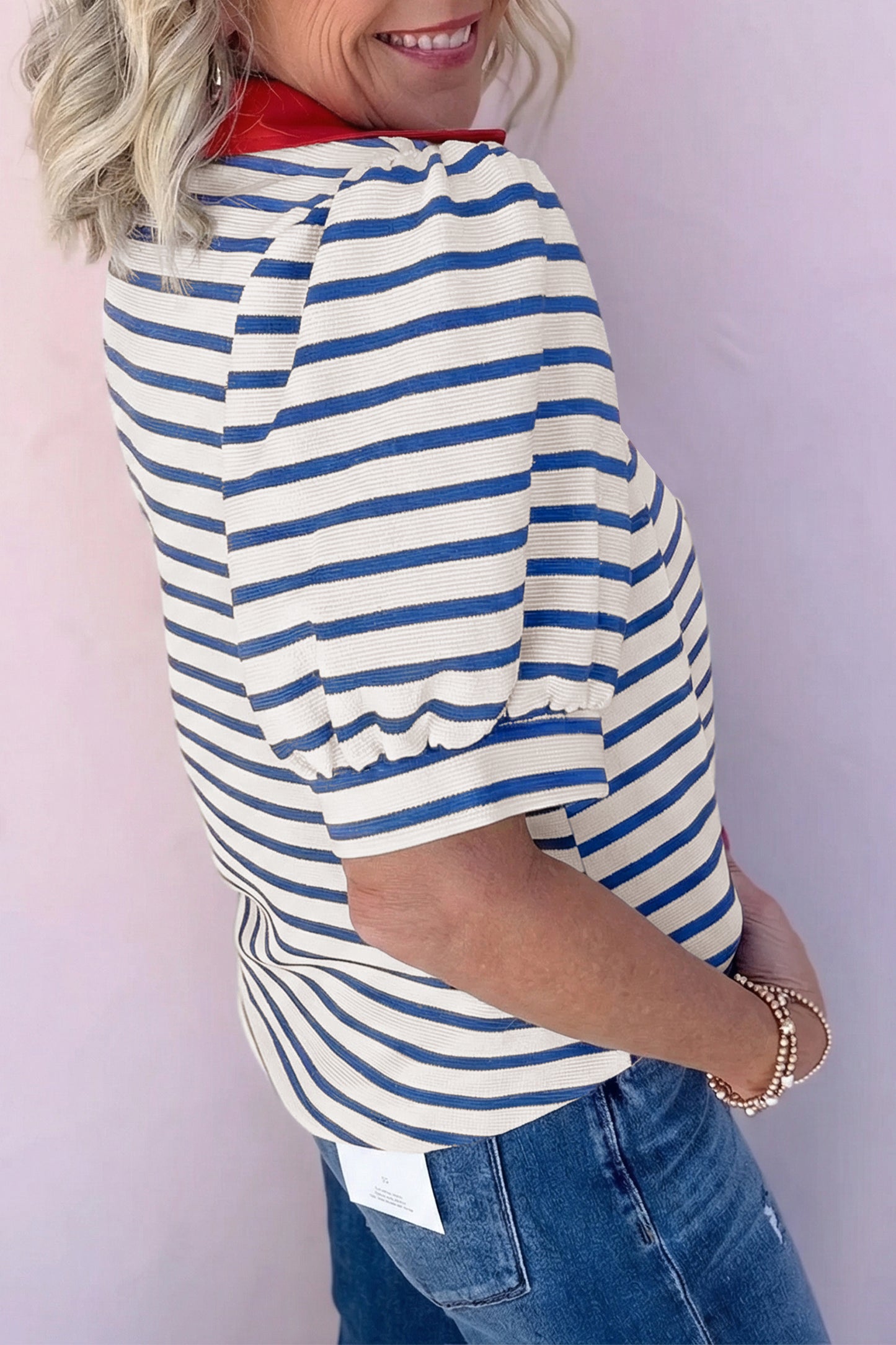 Pink Stripe Short Puff Sleeve Color Block Polo Collar Blouse