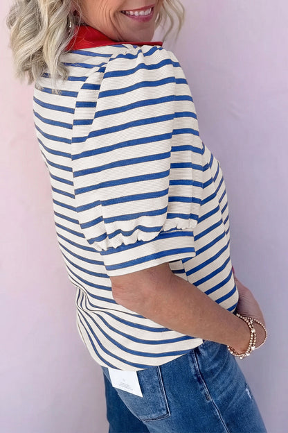 Pink Stripe Short Puff Sleeve Color Block Polo Collar Blouse