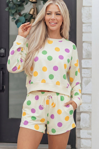 Multicolour Polka Dot Print Drop Shoulder Pullover Drawstring Shorts Set
