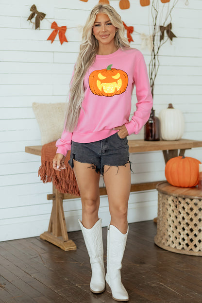 Pink Embroidered Pumpkin Face Long Sleeve Round Neck Sweatshirt