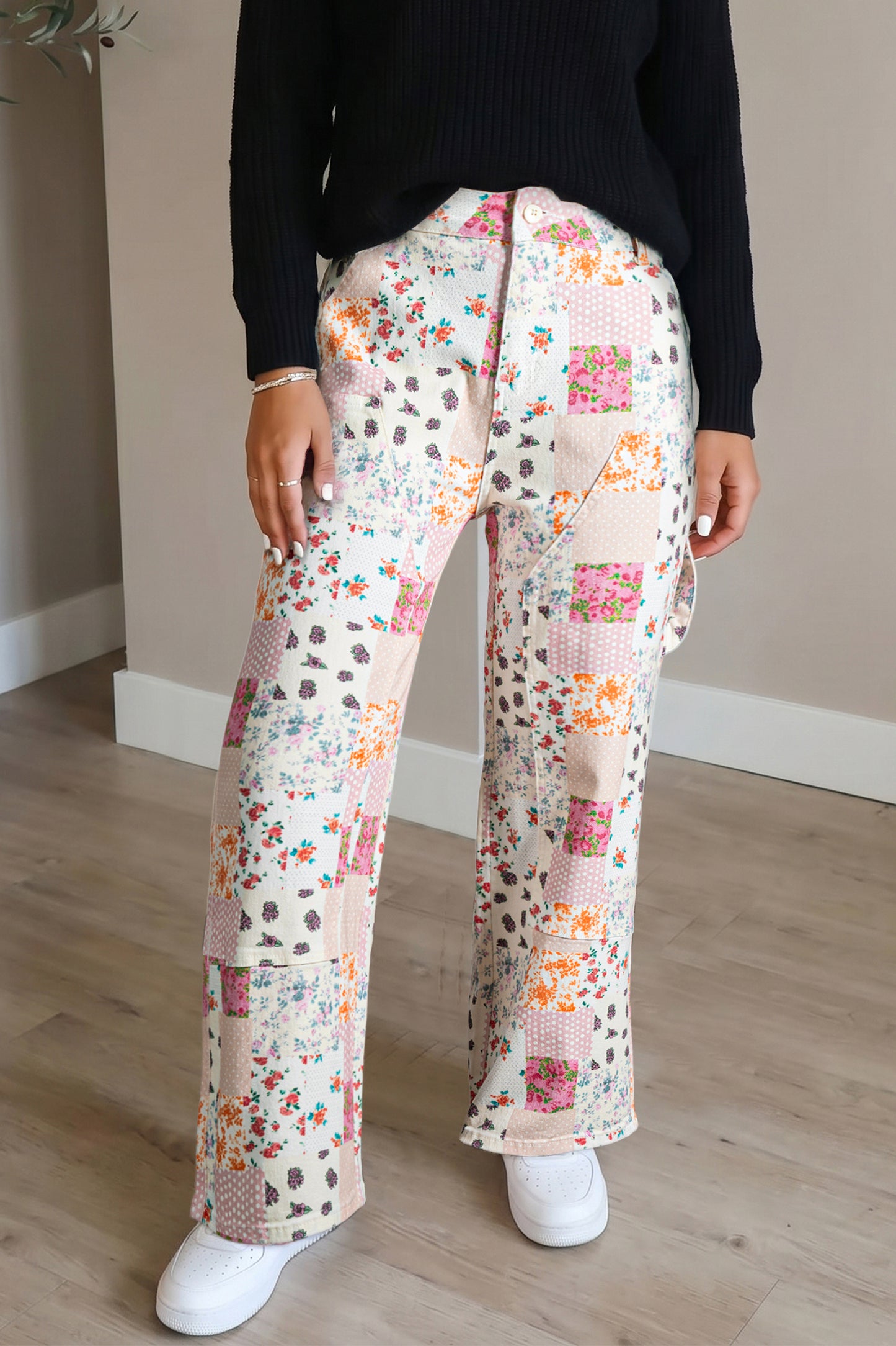Pink Floral Patchwork Wide Leg Full Length Jeans