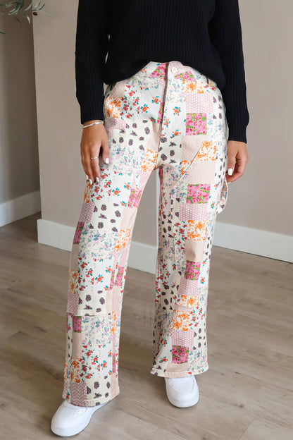 Pink Floral Patchwork Wide Leg Full Length Jeans