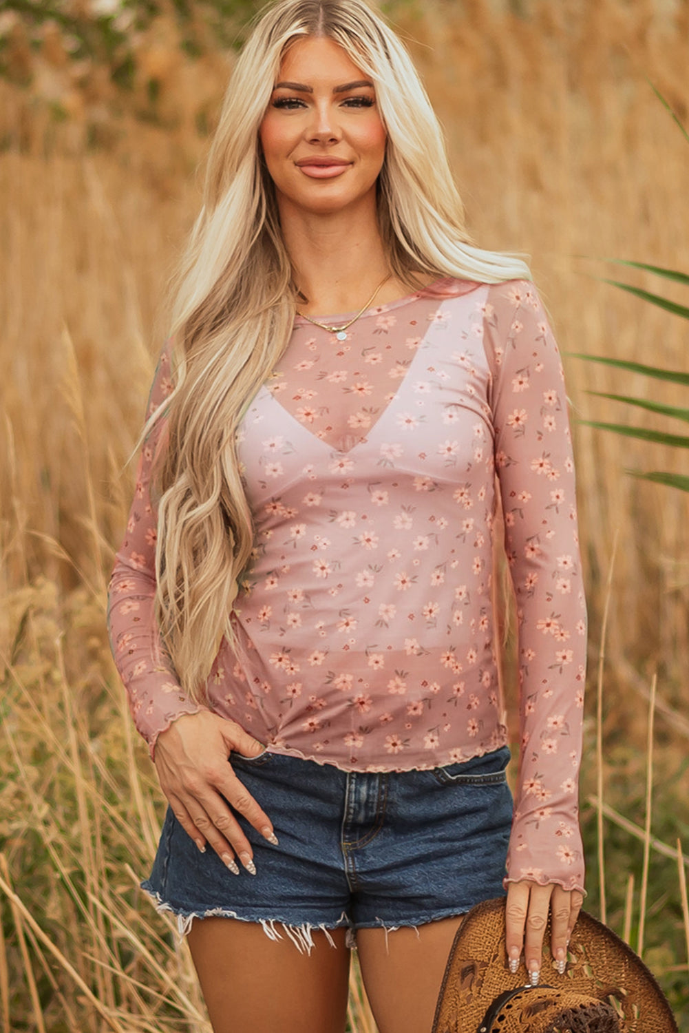 Pink Vintage Floral Print Southern Style Mesh Long Sleeve Top