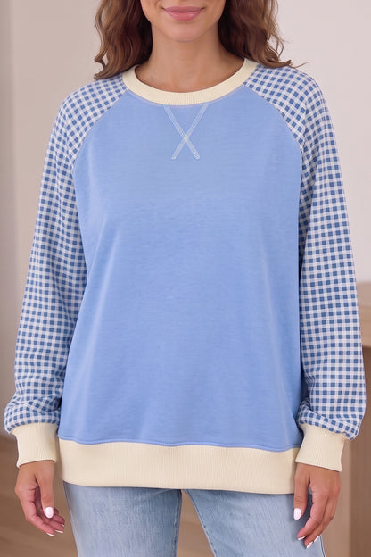 Light Blue Plaid Sleeve Colorblock Raglan Pullover Sweatshirt