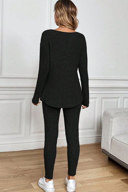Racing Red Ribbed Notched Neck Knit Long Sleeve Leggings Two Pieces Lounge Set