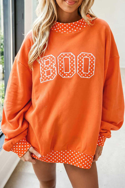 Grapefruit Orange Polka Dot Letter Print Contrast Trim Mock Neck Sweatshirt