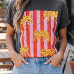 Dark Grey Cheetah Striped Print Retro Fashion Graphic Tee