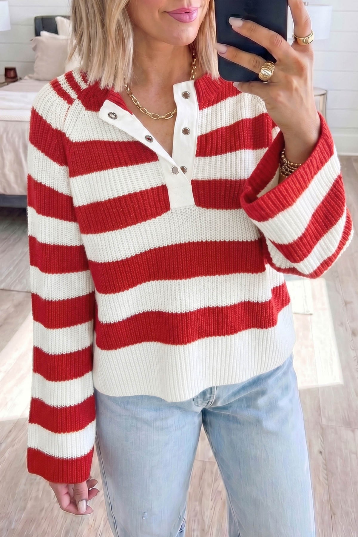 Red Stripe Striped Colorblock V Neck Long Sleeve Shift Sweater