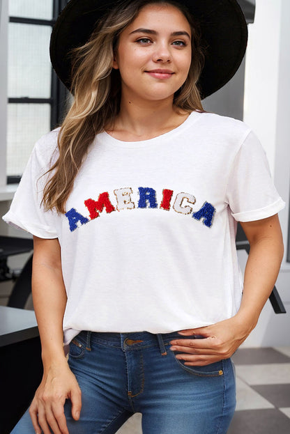 T-shirt blanc brodé en chenille AMERICA grande taille