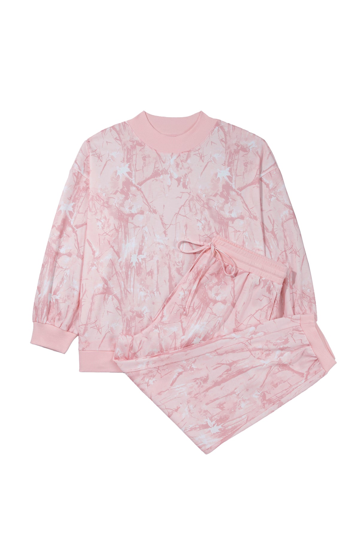 Pink Camouflage Print Stand Neck Long Sleeve Regular Fit Plus Size Set