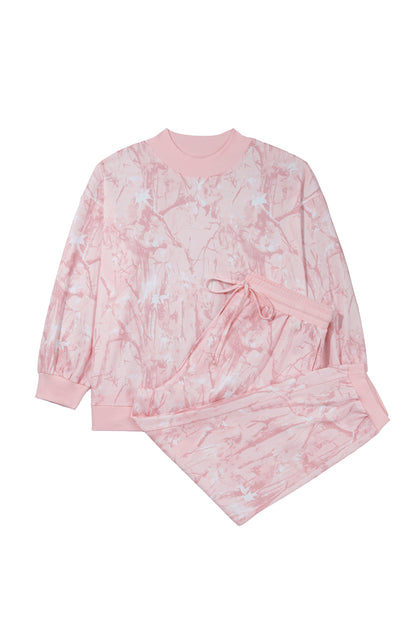 Pink Camouflage Print Stand Neck Long Sleeve Regular Fit Plus Size Set