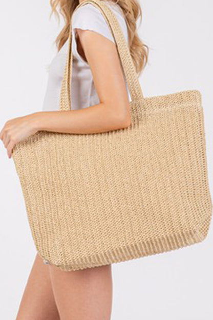 Parchment Solid Color Straw Woven Summer Beach Tote Bag