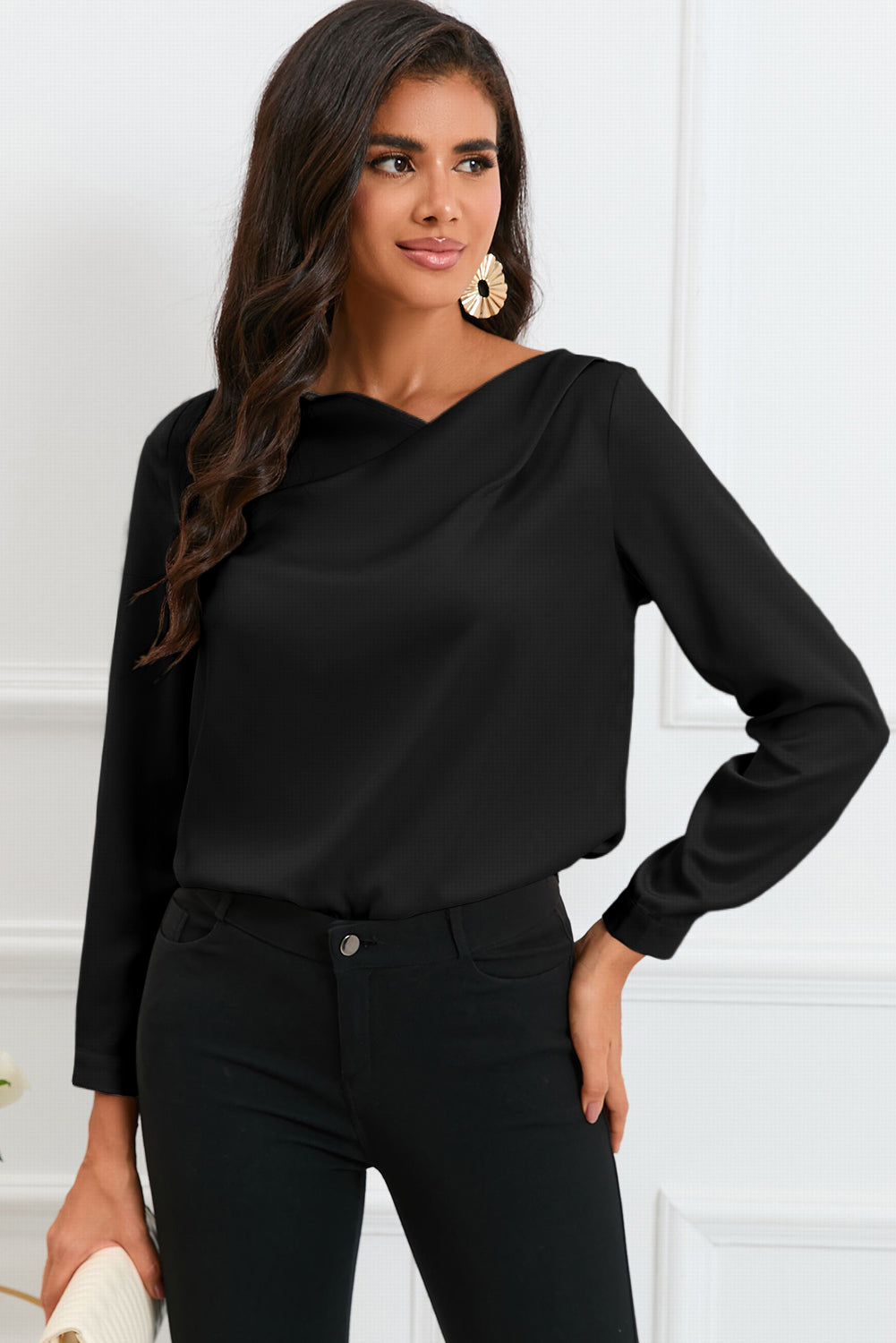 White Solid Asymmetric V Neck Long Sleeve Satin Blouse