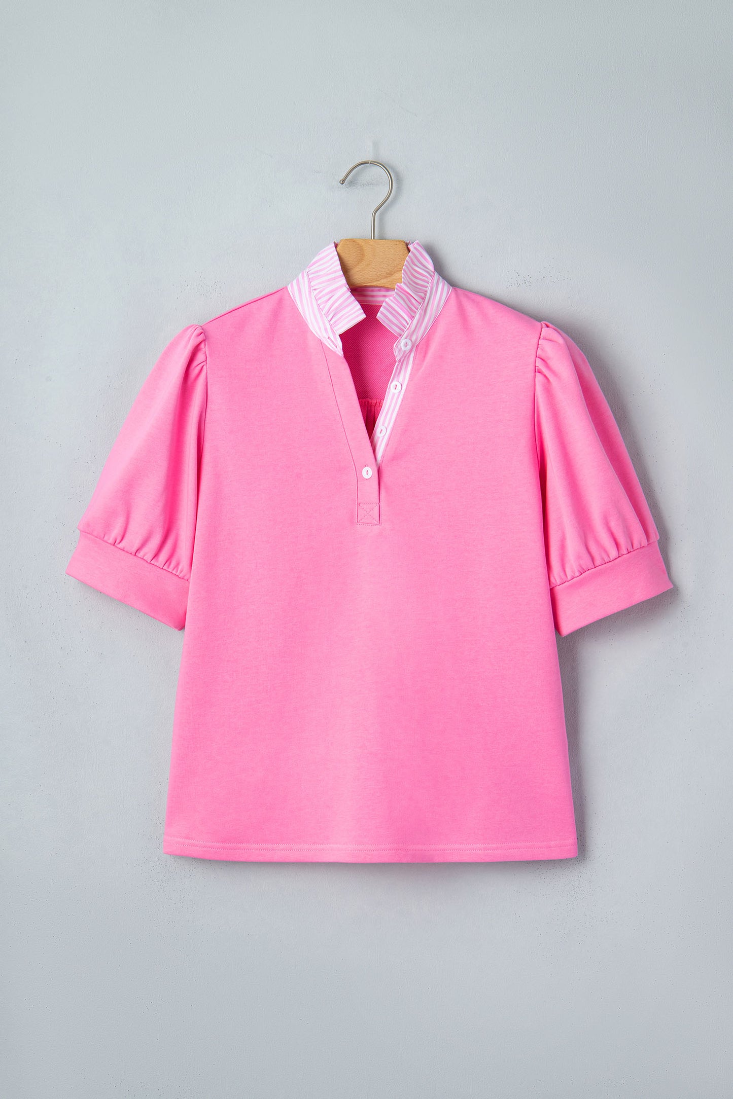 Sachet Pink Striped Frilled Collar Short Sleeve Blouse