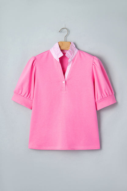 Sachet Pink Striped Frilled Collar Short Sleeve Blouse