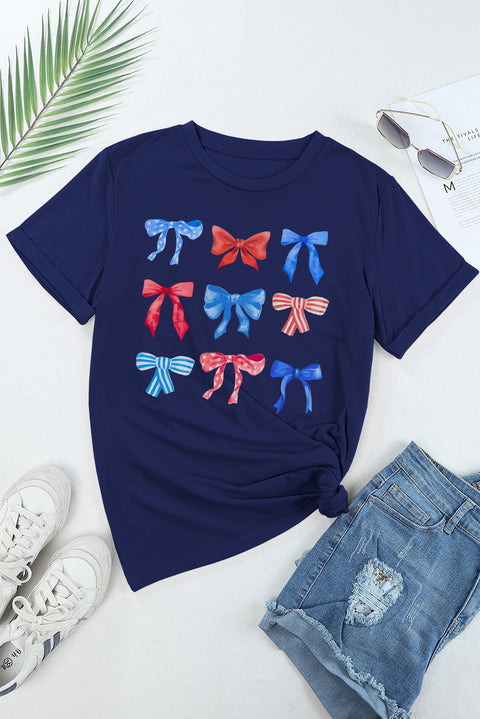 Blue Diverse Bowknot Print Independent Day Graphic Tee