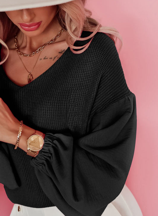 Haut en tricot gaufré rose à manches ballon et col en V 