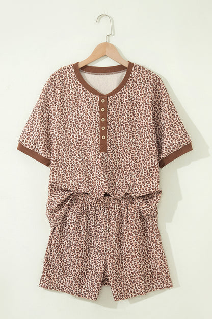 Brown Leopard Print Ribbed Patchwork Half Button Loose Tee Elastic Waist Short 2pcs Set