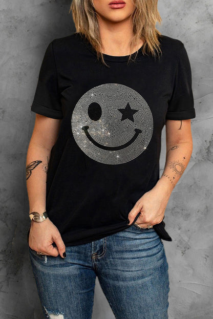 T-shirt noir à strass scintillants avec motif sourire