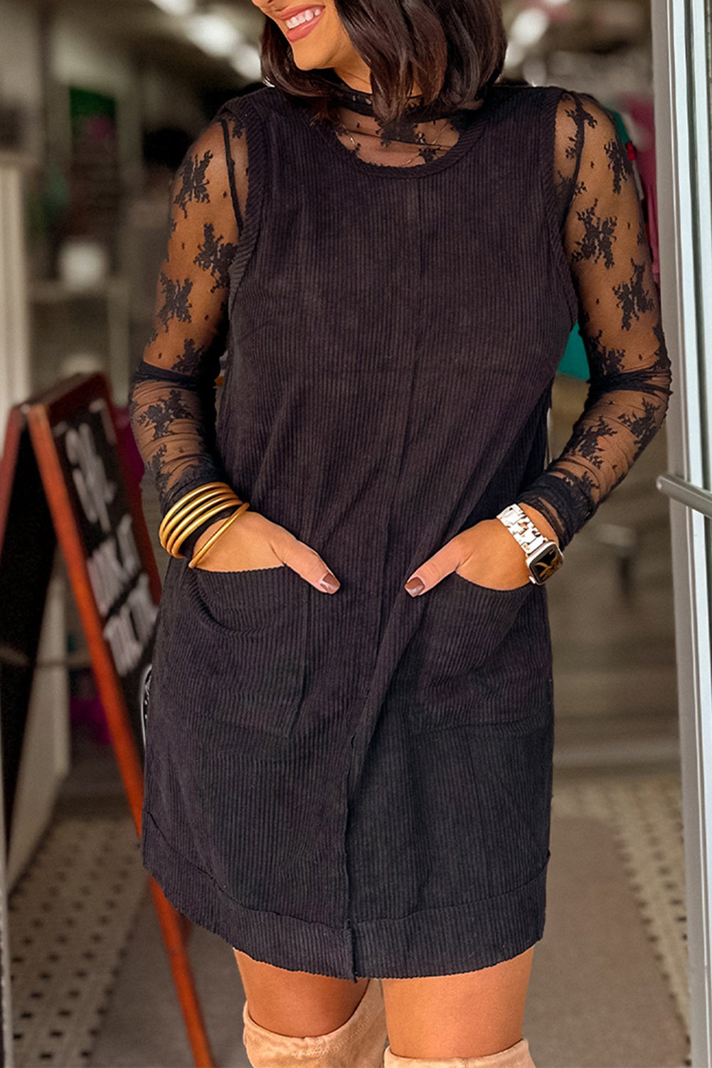 Black Corduroy Sleeveless Mini Dress With Patched Pockets