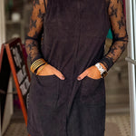 Black Corduroy Sleeveless Mini Dress With Patched Pockets