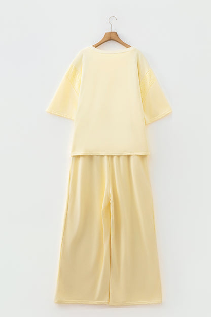 Yellow Cream Solid Color Eyelet Lace Panel Accent Plus Size 2pcs Outfit