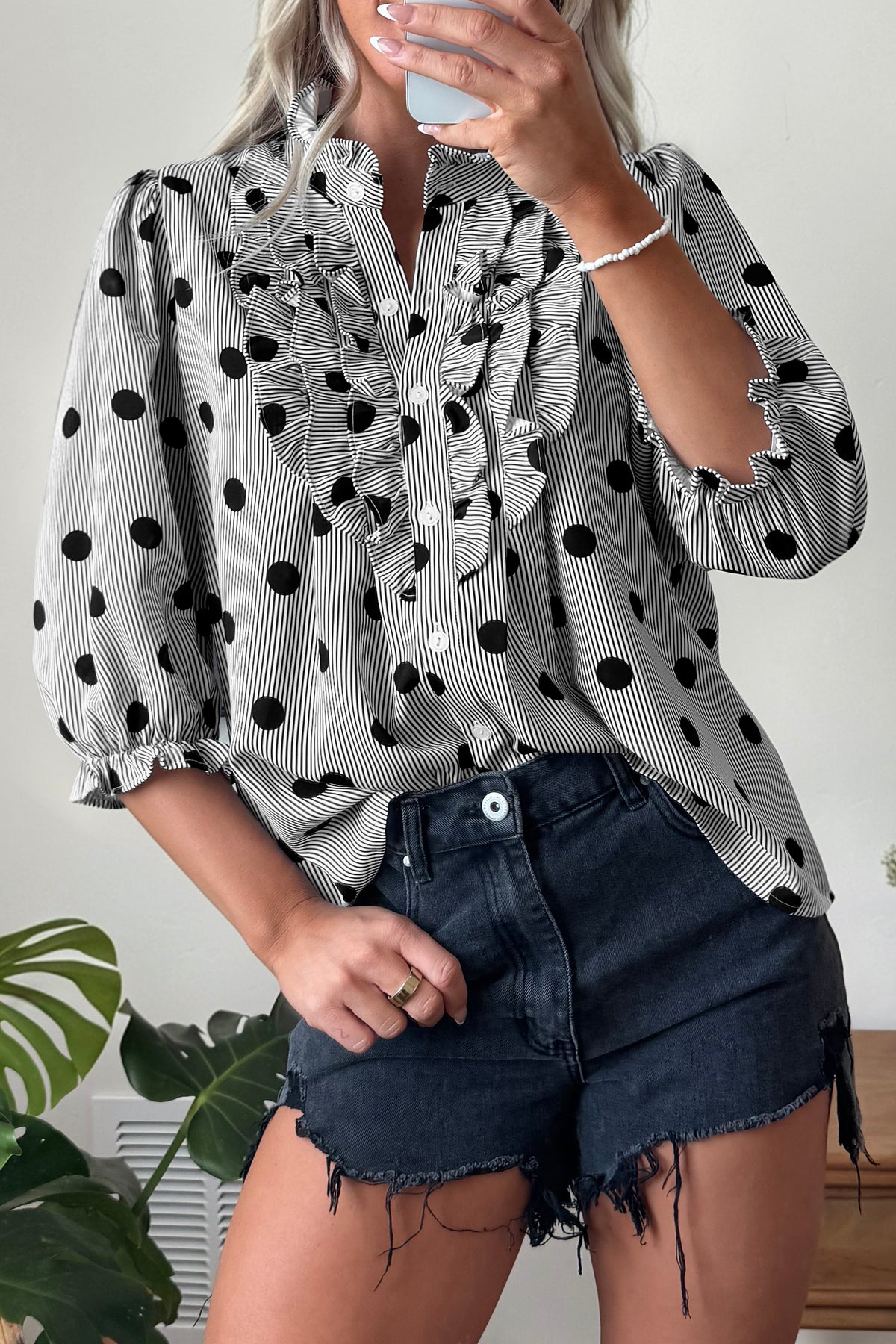 Black white Polka Dot Striped Print Ruffle Stand Neck 3/4 Sleeve Shift Shirt