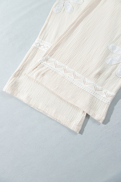 White Floral Lace Patchwork Boho Wide Leg Casual Pants