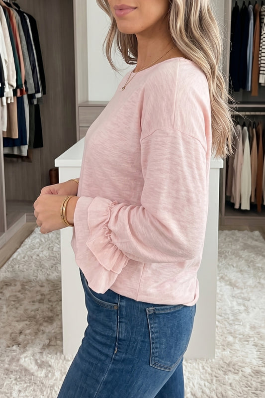 Gossamer Pink Long Sleeve Ruffle Cuff Casual Elegant Top