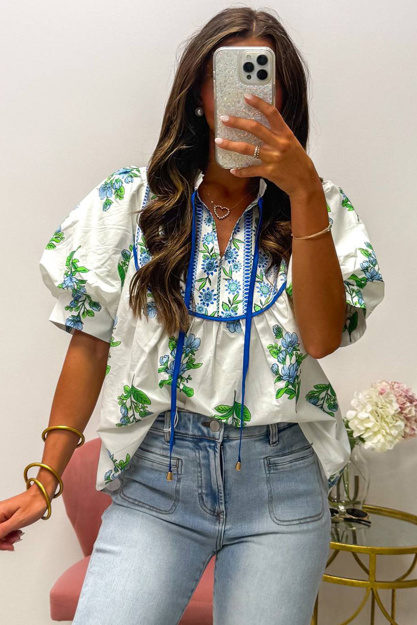 White Floral Print Contrast Trim Tie Neck Blouse