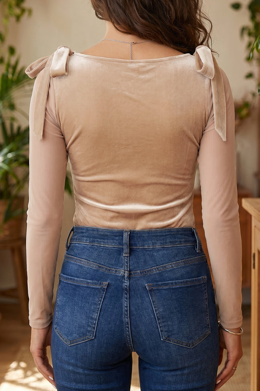 Light French Beige Solid Color Velvet Knot Square Neck Sheer Long Sleeve Bodysuit
