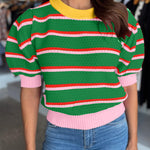Green Stripe Colorblock Trim Half Sleeve Sweater Top