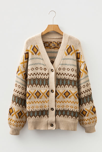 Khaki Western Pattern Knitted Button V Neck Cardigan Sweater