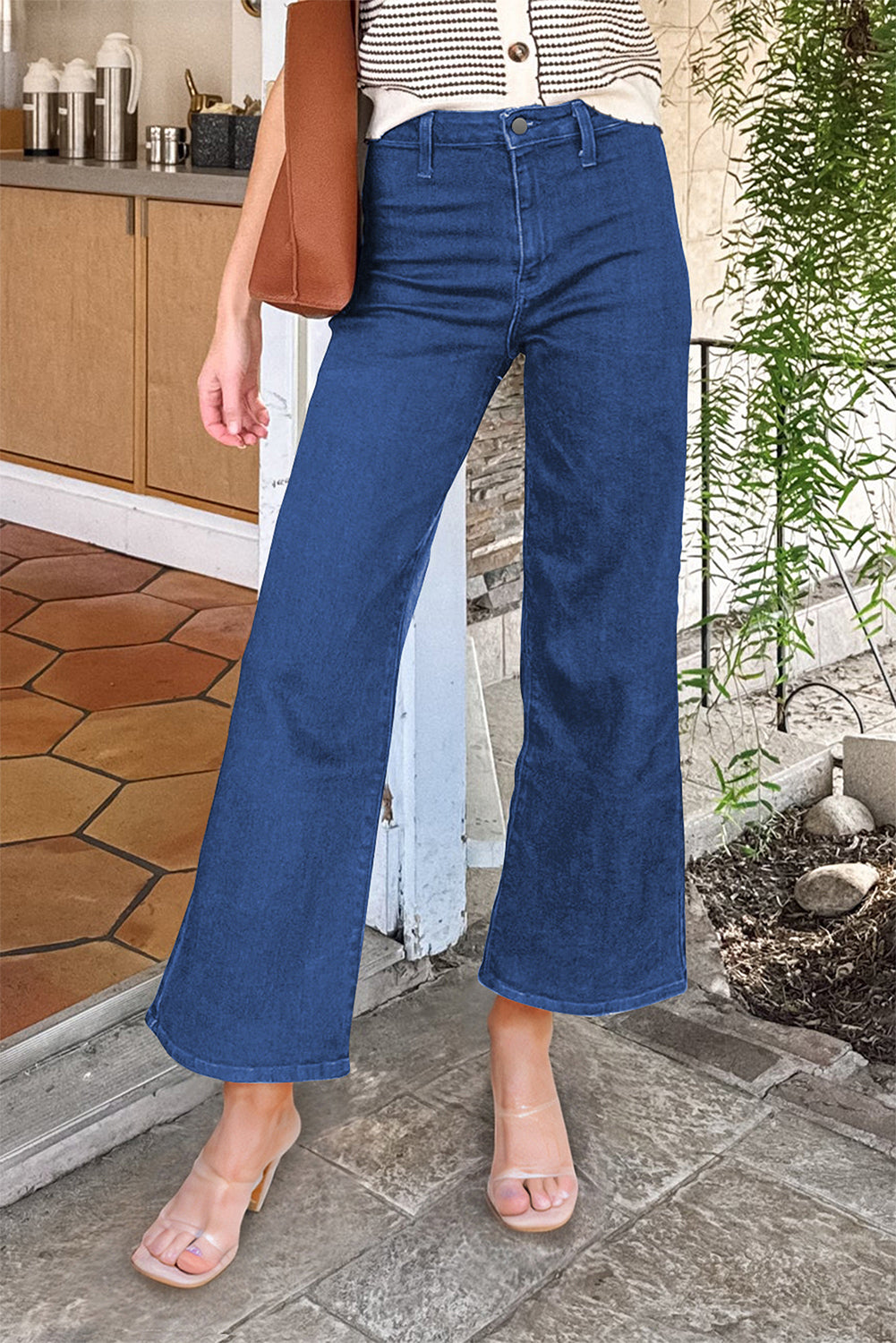 Dusk Blue Solid Color High Waist Straight Leg Jeans