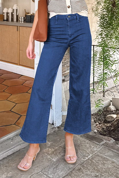 Dusk Blue Solid Color High Waist Straight Leg Jeans