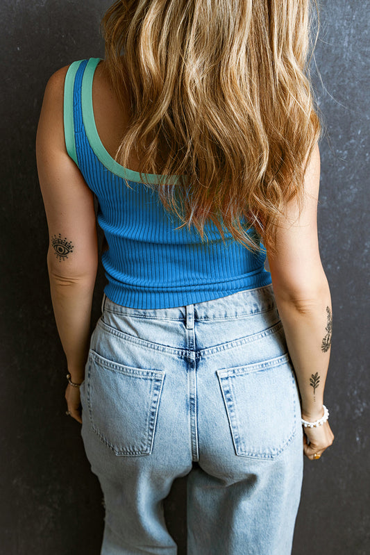 Débardeur à col en U en maille côtelée à bords colorblock bleus