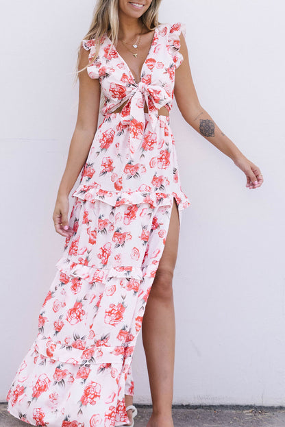 Robe à imprimé floral avec nœud sur le devant et fente latérale