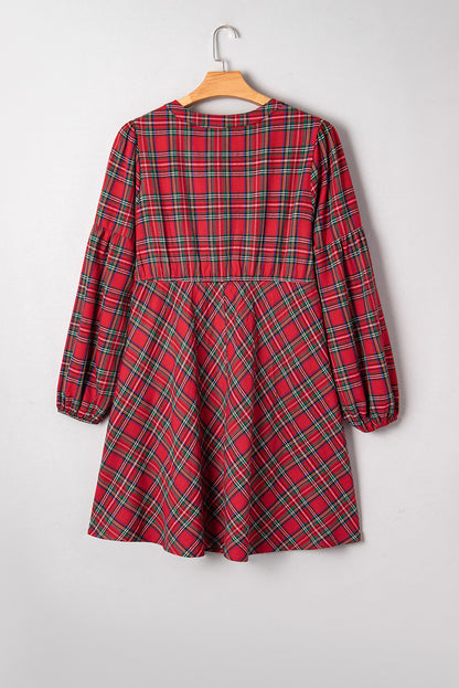 Red Plus Size Plaid Half Button Long Sleeve Holiday Dress