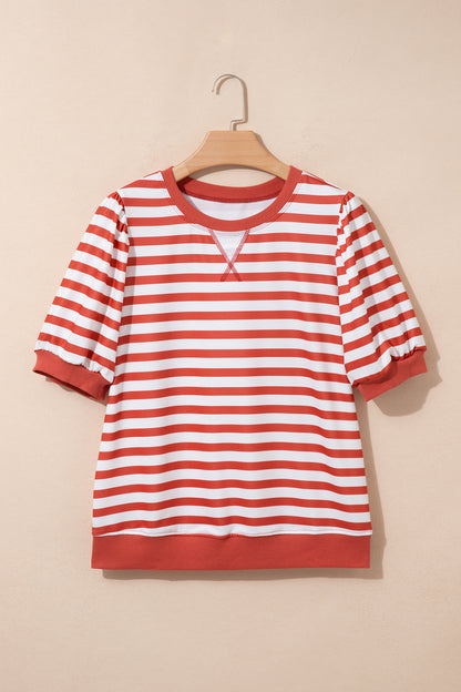 Orange Stripe Short Bubble Sleeve T Shirt