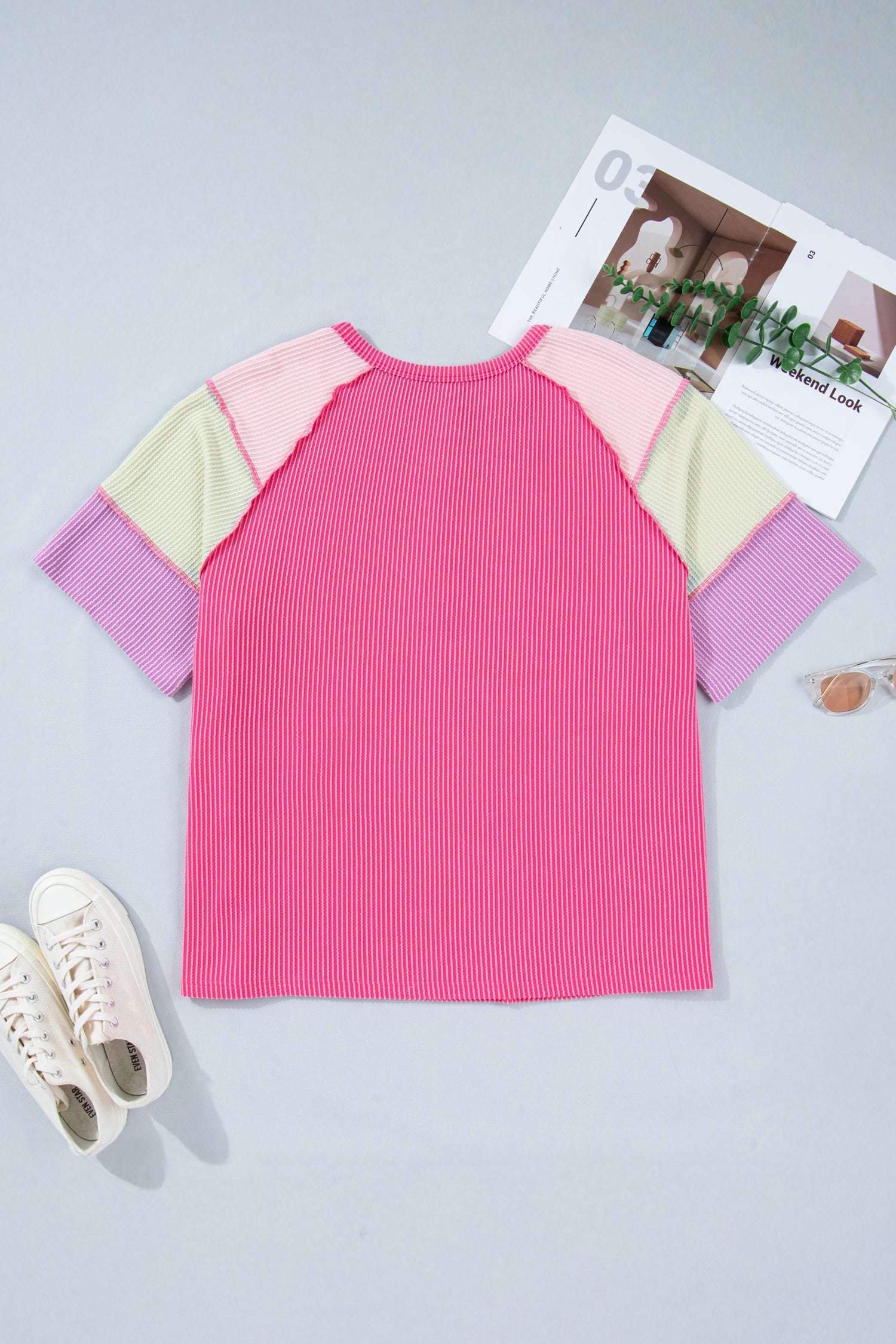 Bright Pink Plus Size Twisted Rib Color Block Patchwork Short Sleeve Henley Top