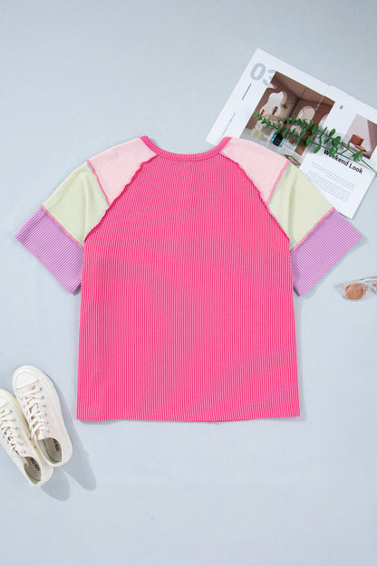 Bright Pink Plus Size Twisted Rib Color Block Patchwork Short Sleeve Henley Top