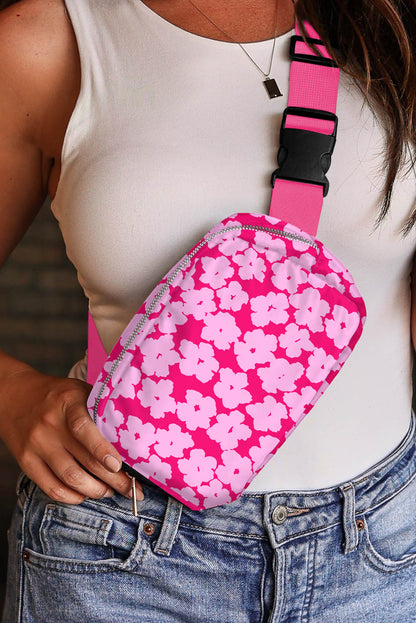 Sac bandoulière large à imprimé floral rose rouge avec boucle de ceinture et fermeture éclair