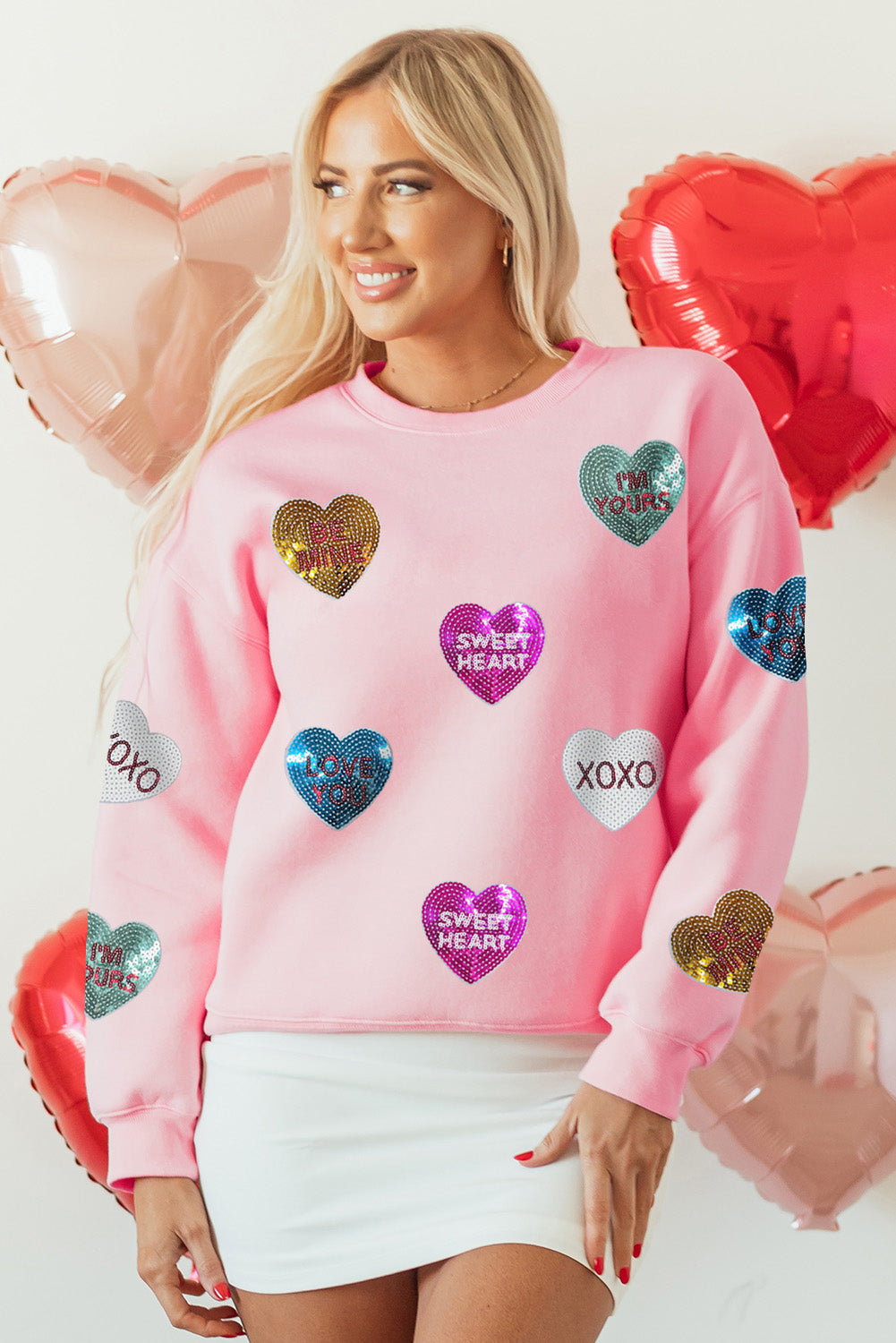 Sweat-shirt de Saint-Valentin à paillettes roses et motif cœur romantique