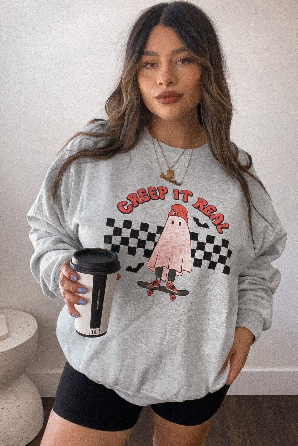 Light Grey Creep It Real Ghost Print Plus Size Sweatshirt