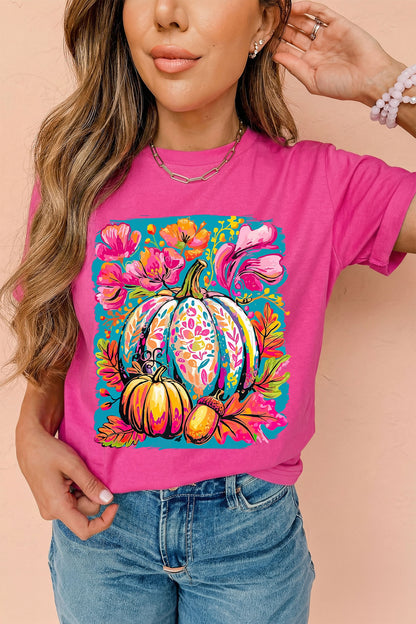 Rose Red Floral Pumpkin Graphic Print Crewneck Relaxed T-Shirt