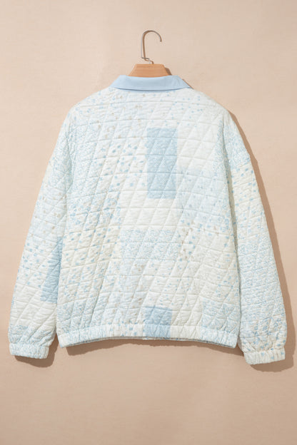 Multicolour Floral Quilted Half Button Pocketed Pullover Sweatshirt