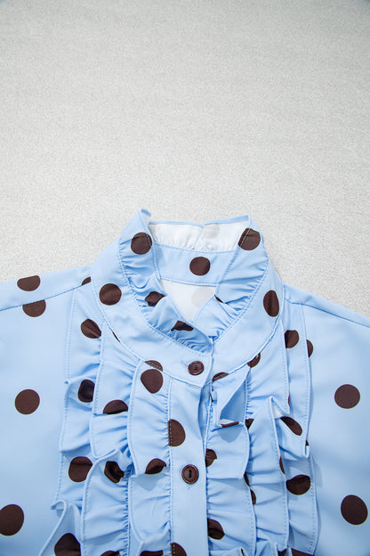 Sky Blue Polka Dot Striped Print Ruffle Stand Neck 3/4 Sleeve Shift Shirt