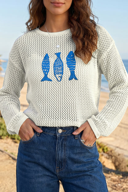 White Open Knit Fish Embroidered Casual Sweater