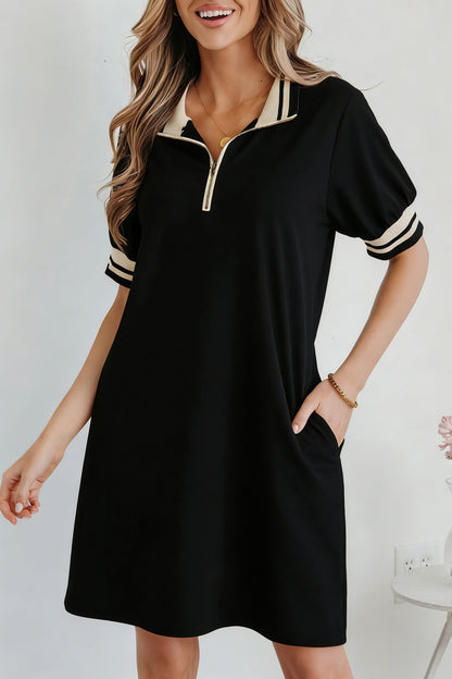 Black Striped Webbing Trim Preppy Polo Tee Dress