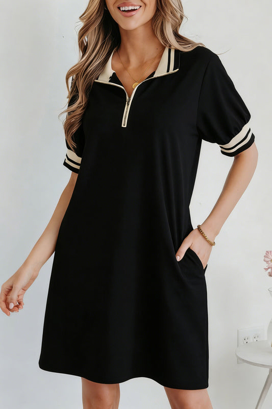 Black Striped Webbing Trim Preppy Polo Tee Dress
